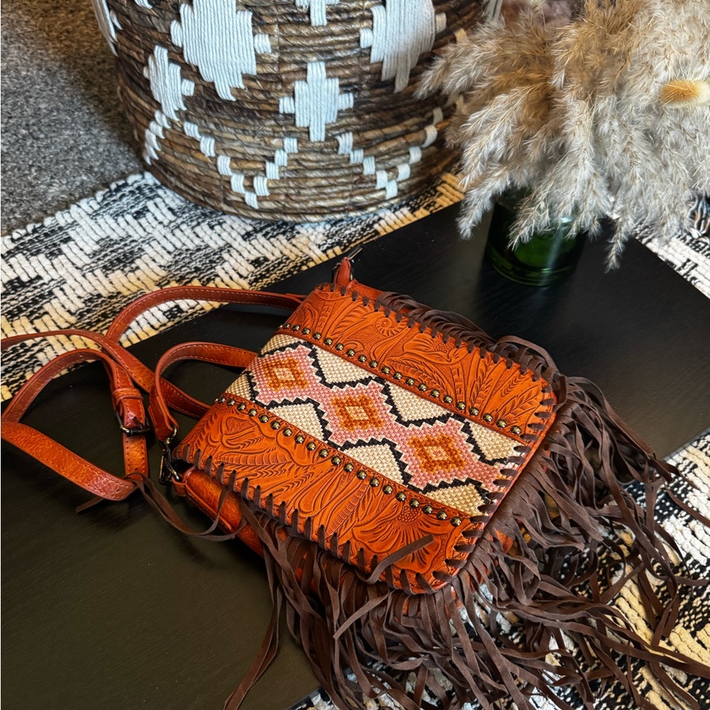 Bohemian Fringe Crossbody Bag - Orange and Brown